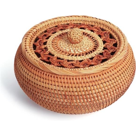 Handwoven Rattan Basket with Lid Multi-Use Storage Organizer